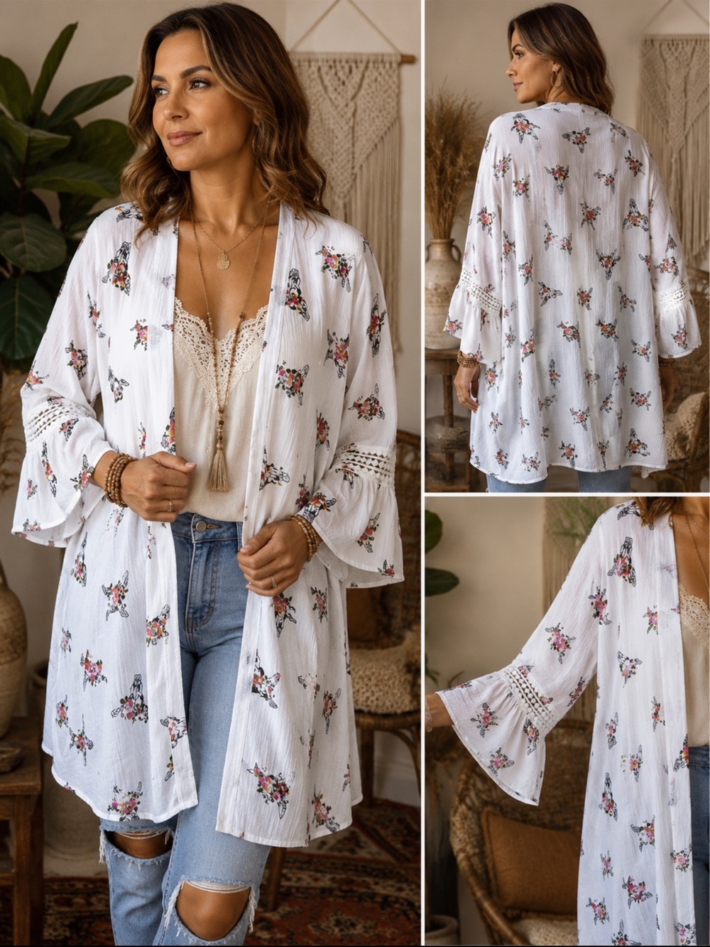 Gypsies & Moondust White Floral steer skull Lightweight Kimono. L